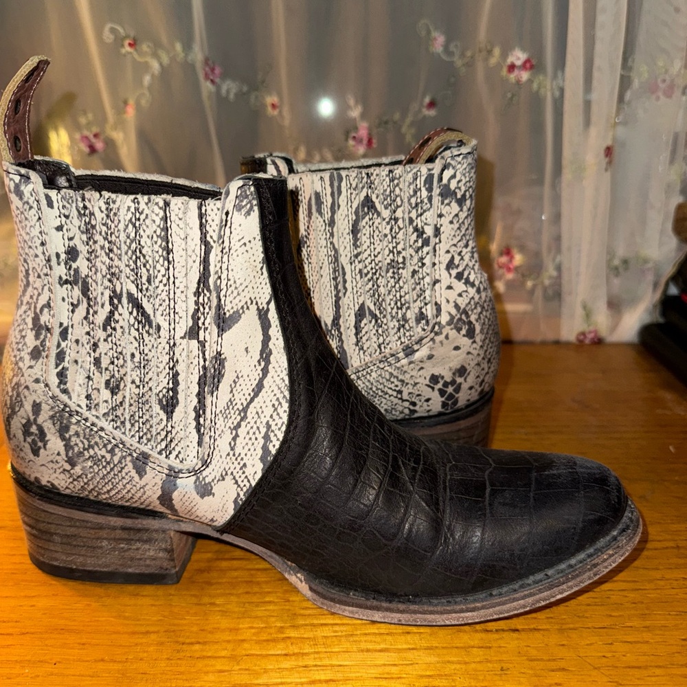 Freebird Black and White Snakeskin Ankle Boots